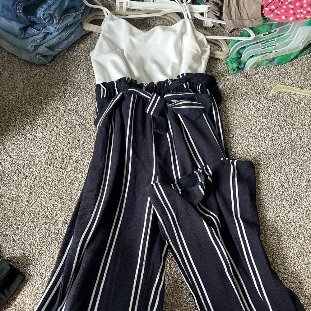 Blue and white striped jumpsuit
